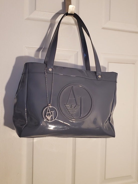 Emporio Armani Handbags - Emporio Armani Glossy Gray Patent Tote with Logo Charm